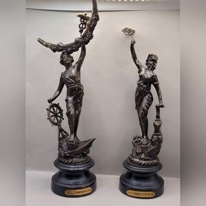Vintage Pair Of Allegorical Statues L’Industrie & Le Commerce 15” Spelter Wood